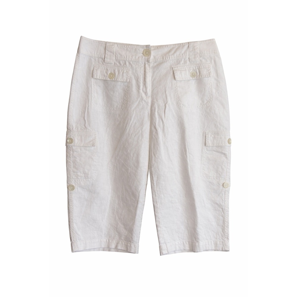 Emma James White Linen Blend Capri Pants Sz 16 Cargo Pockets Stretch